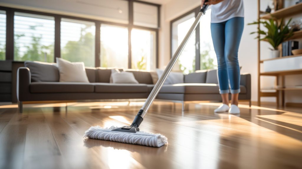 Person mopping a wooden floor
